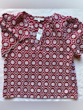LOFT Red Top with White Embroidery NWT